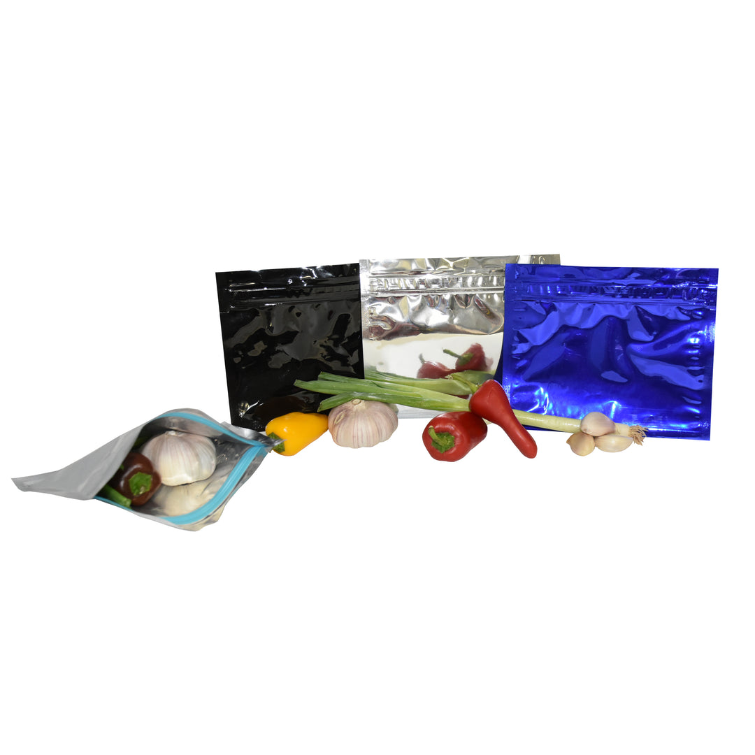 Zippy Sealz Medium Assorted Mylar Bags - 50 Black, 50 Blue, 50 Silver 150/Case
