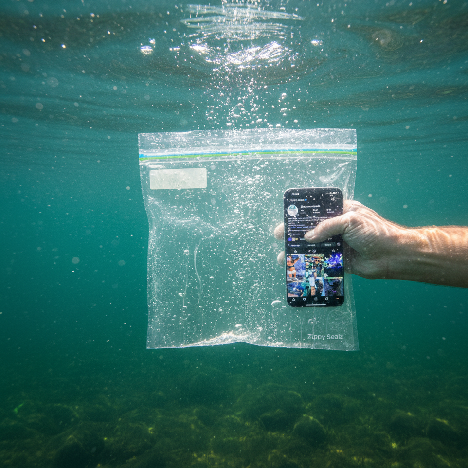 A clear waterproof zip-top plastic bag held by a hand and submerged under the water&