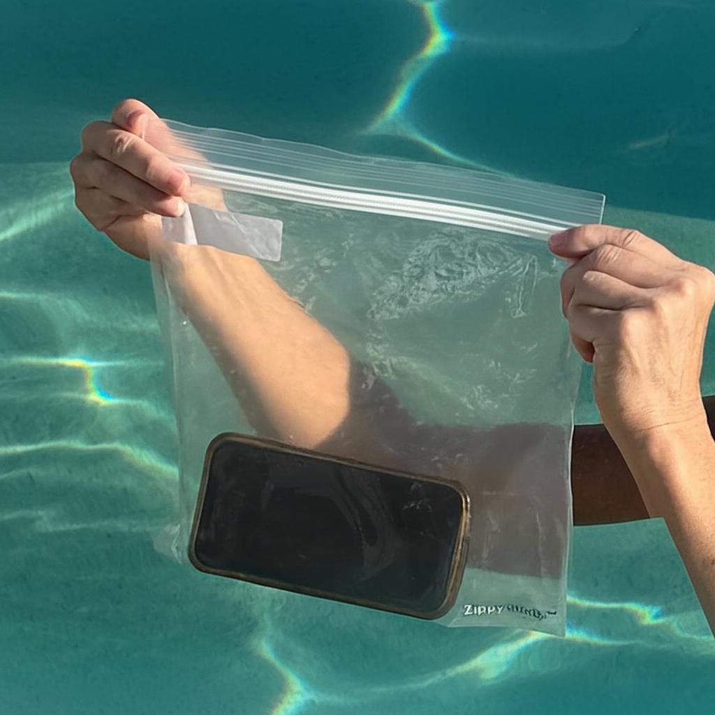 Person holding a clear plastic bag with a phone inside over the water
